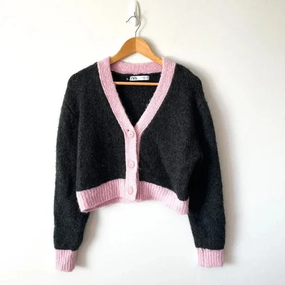 Zara Cropped Knit  Contrast Hem Cardigan Grey Pink Size Medium - Picture 4 of 8